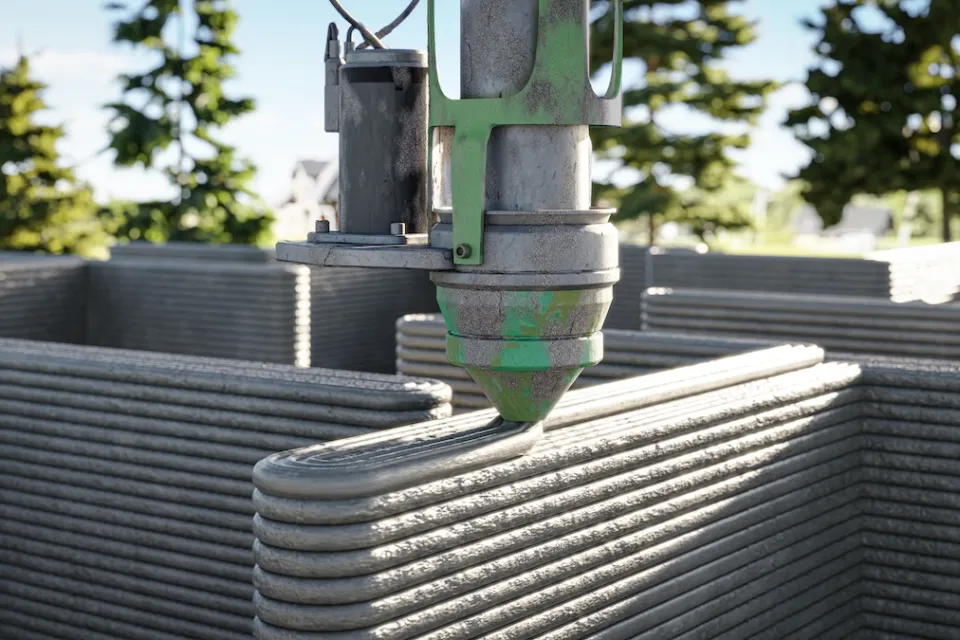 Close-up of CNC machine 3D printing a concrete house wall.